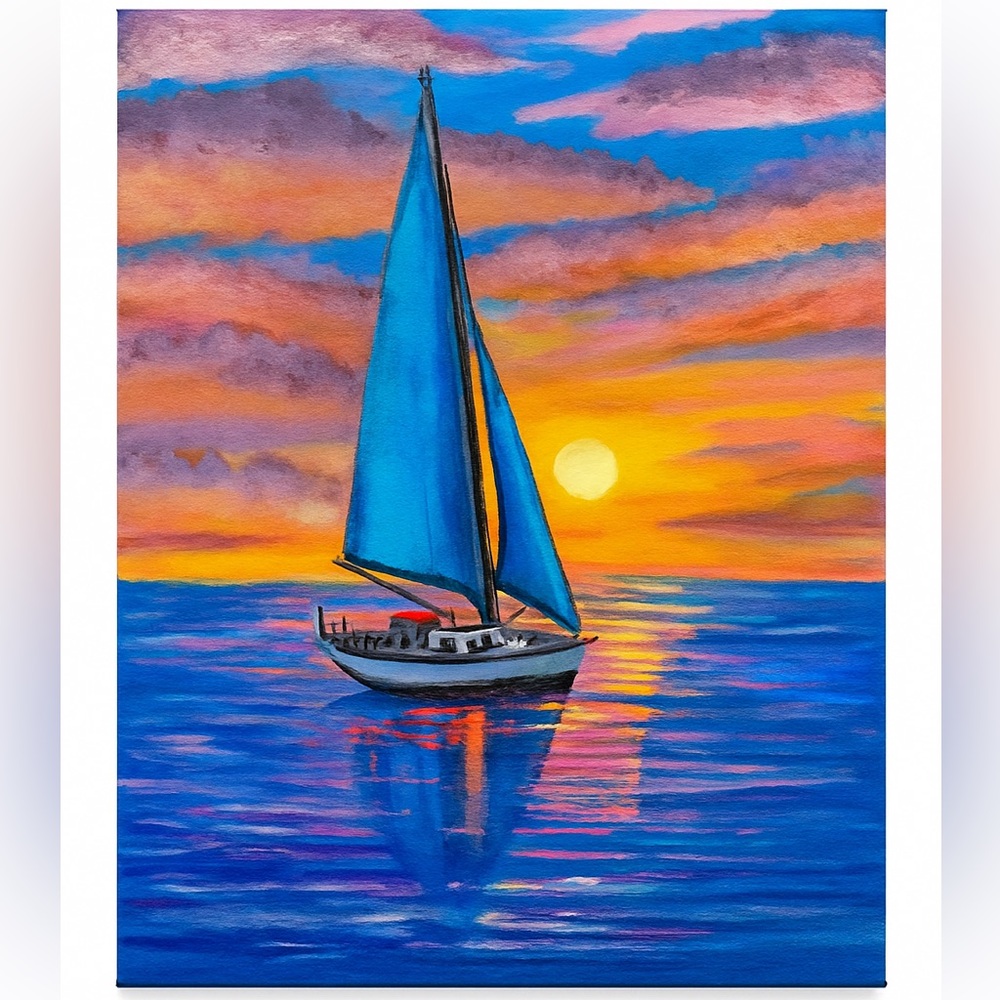 Sailing into Serenity: Blue and Pink Sailboat Painting 8x10 in